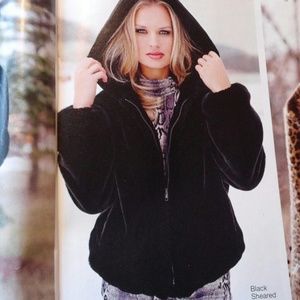 Black sheared beaver hood jacket..faux fur